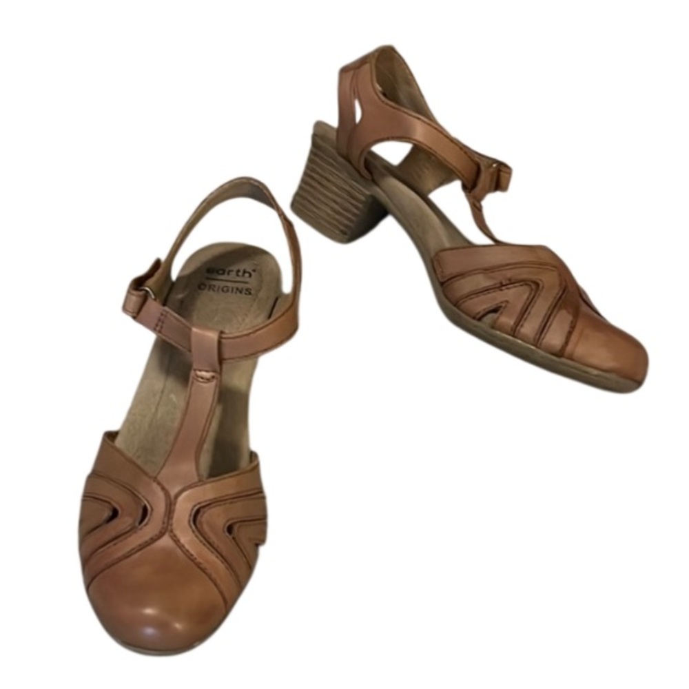 Earth Origins Women’s Tan Neutral Color Leather T Strap Maryjane Heeled Shoes 7